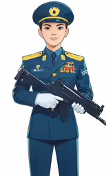 the character is holding a gun while standing