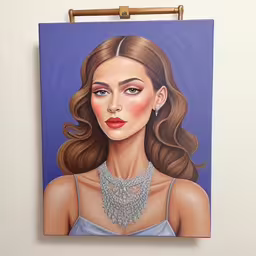 a painting of a woman wearing a necklace on a purple background,a painting of a woman wearing a necklace and pearls,an art piece of a woman with blue eyes and gray dress,a painting of a woman wearing a dress,an oil painting of a woman with a necklace