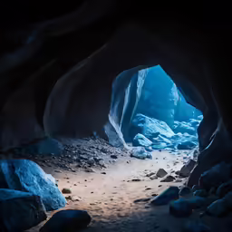 inside of a cave with no door lit up at night