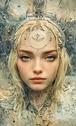 a person with long blonde hair wearing a clock headdress