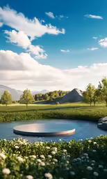 a pond surrounded by lush green grass in a park