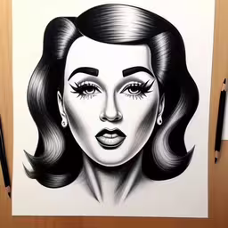 an art work depicting a woman with long hair and huge lashes,a drawing of a woman with her eyes open,a drawing of a woman
