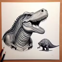 a black and white photo of dinosaurs and a smaller one,a drawing of a t - rex standing next to a small t - moving dinosaur,two dinosaurs on paper next to some pens,a couple of drawings of some kind of animal,the drawing of a large t - - necked dinosaur next to a smaller t - rex