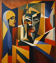 an abstract painting of two faces,a painting that has multiple colors on it