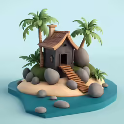 a small house is set on an island that has two palm trees