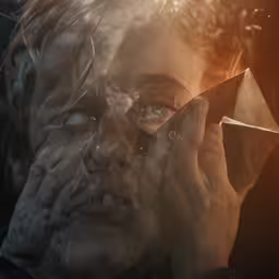 a person covered in white dust holding up a knife