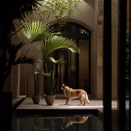 a dog that is outside by some plants