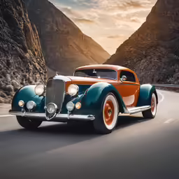 an antique model blue car is driving through mountains