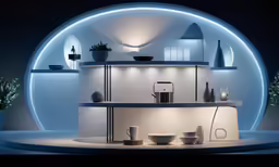 a small room with a shelf and bowls on it
