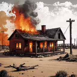 a painting of an old shack burning at night,an old house burns in the distance as a crowd of people look on