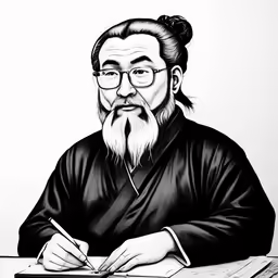 an asian man with a long white beard and black robes sitting at a table