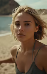 a woman in a top sitting on the beach