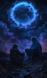two people looking at the night sky in front of an eclipse