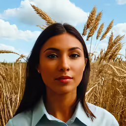 a woman standing in a field next to a wheat