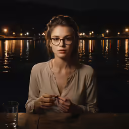 the girl with glasses is holding a cigarette