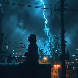 a girl is sitting on a ledge and watching a lightning strike