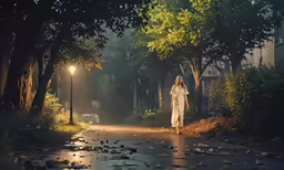 the light shines on a person walking down the road