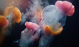 a woman blowing out the top of orange flowers on her face