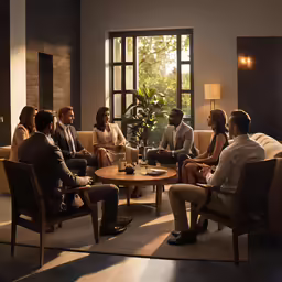 several people sitting around a coffee table talking