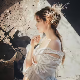 an elegant young woman standing in front of a rock wall