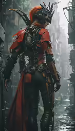 a woman dressed in armor walking down the street