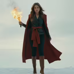 a woman standing on a ledge holding fire