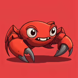 an animated crab with huge eyes and claws on red background
