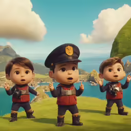 three children are dressed as cartoon characters in an animated scene