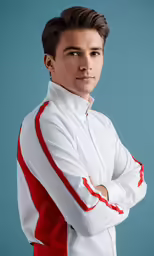 a male in white and red is standing with his arms folded out