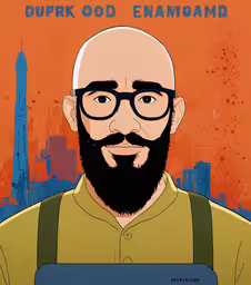 a man in glasses holding a book and looking at the camera,a man with glasses and a beard standing in front of a city skyline