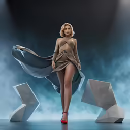 a woman is walking around a fashion show