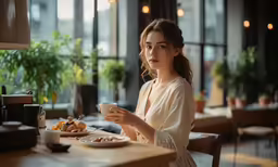 woman in white dress drinking coffee and having breakfast
