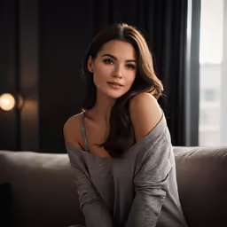 a woman is sitting down on a couch