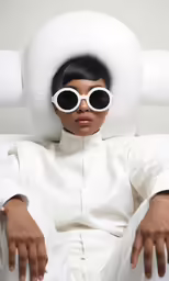 woman with round white glasses in a white outfit