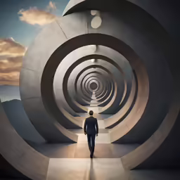a man walking down a path towards a giant tunnel