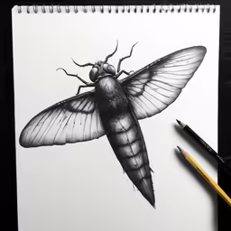 an ink drawing of a fly insect on a notebook