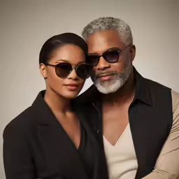 a man and woman wearing glasses pose for the camera