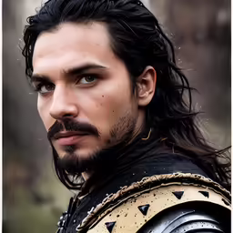 a man with long black hair and beard in a warrior outfit