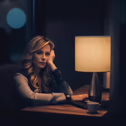 a woman is sitting at a table with a lamp