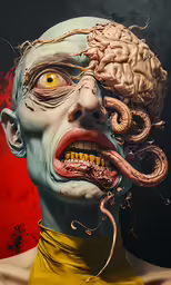 a very odd looking man with a brain on his head