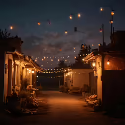 outdoor patio lights are strung around houses