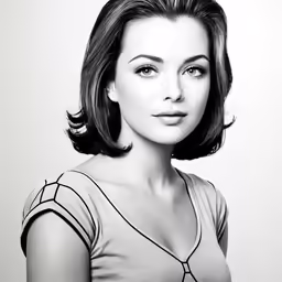 a black and white photo of a woman wearing short hair