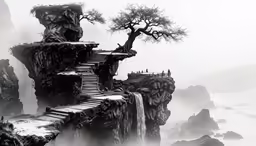 a tree and a waterfall are depicted against the sky