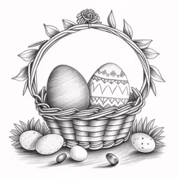 a basket filled with easter eggs and a flower,pencil drawing of a basket with two eggs in it