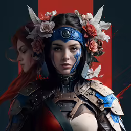 a woman dressed in armor and flowers on her head