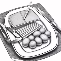 this drawing shows an image of knives, a tray with eggs and a knife