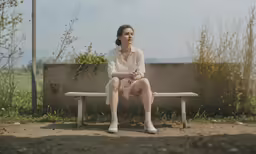 a woman sitting on a bench in the dirt
