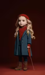 a doll in a blue coat with a red scarf