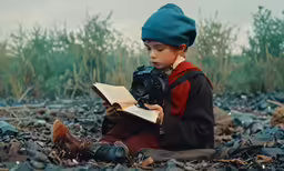 a young child holding a camera and looking at a book