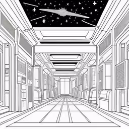 the inside of a spaceship with its windows open,the corridor from the sci museum at night with stars in the sky